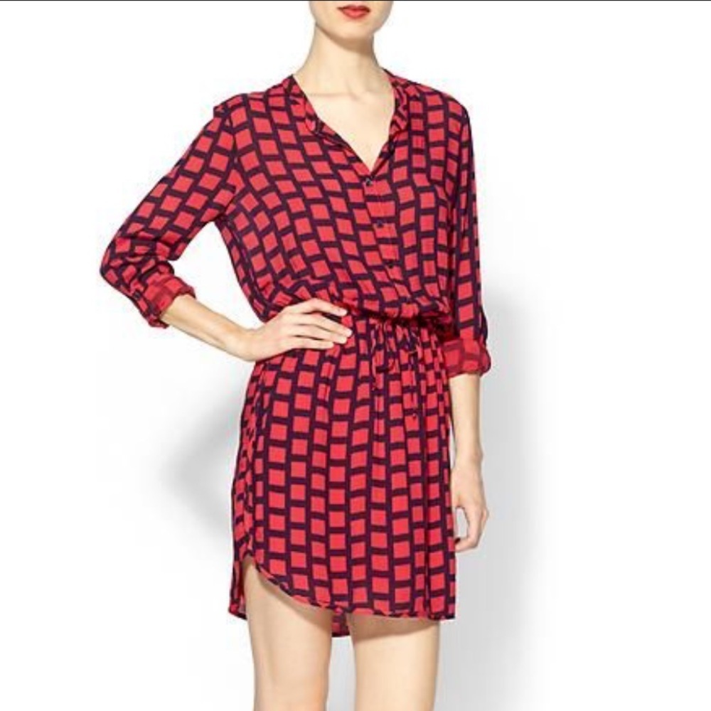 Splendid Red and Navy Windowpane Shirtdress Long Sleeved Tie Waist Women’s XS